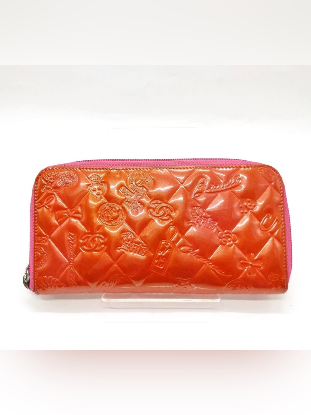 CHANEL Orange Patent Embossed Zip Wallet with Pink Trim